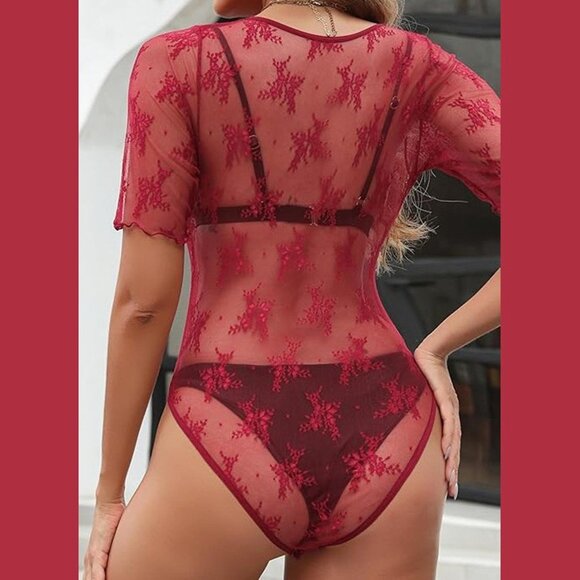 Mesh Bodysuit Women V Neck Short Sleeve Body Suit Sheer Top Lace Wine Red XL - Picture 4 of 6